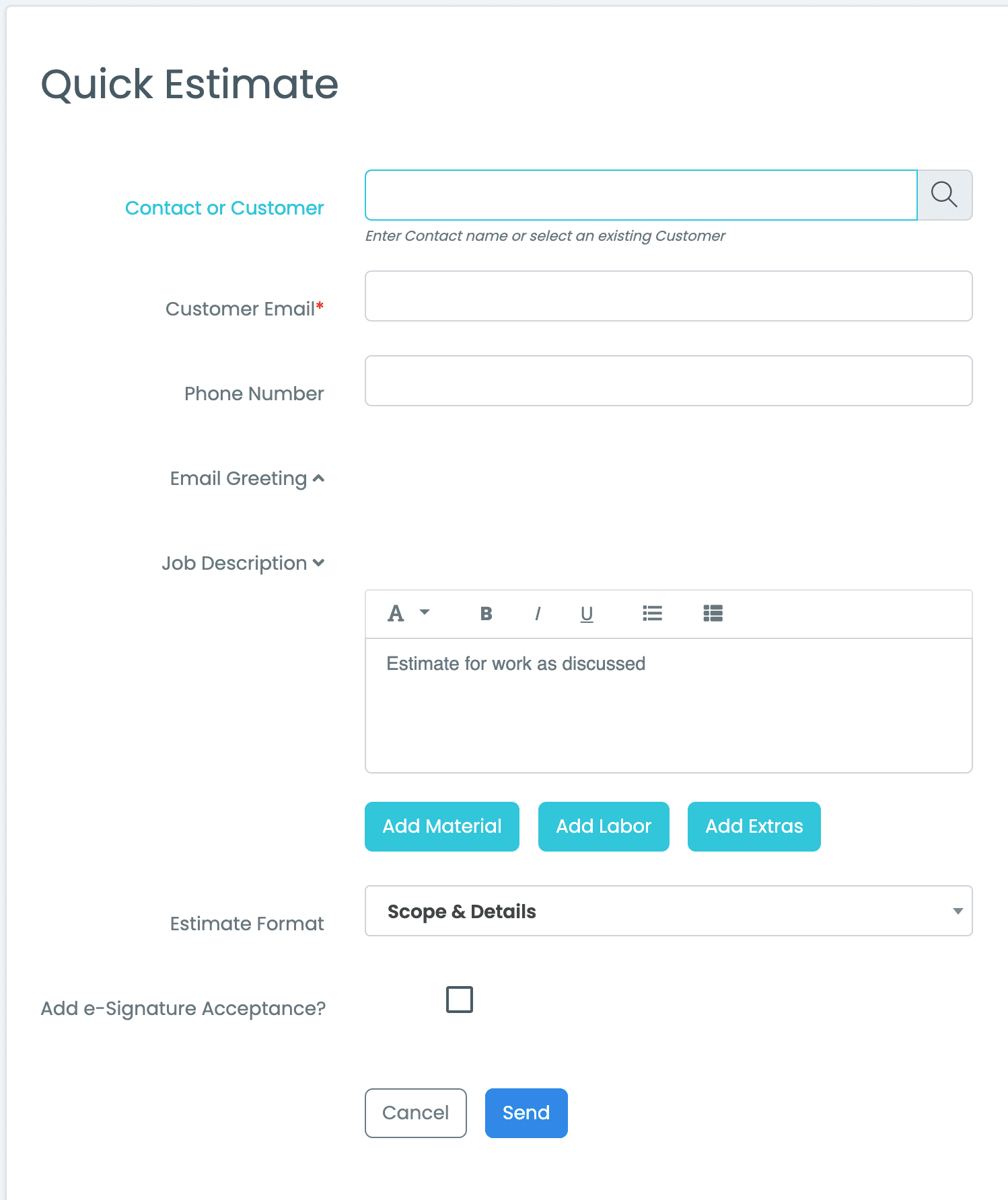 mec_30sec_estimates Quick Estimate - MEC Pro quotes and estimating interface showing customizable templates, pricing options, and e-signature features for construction and field services