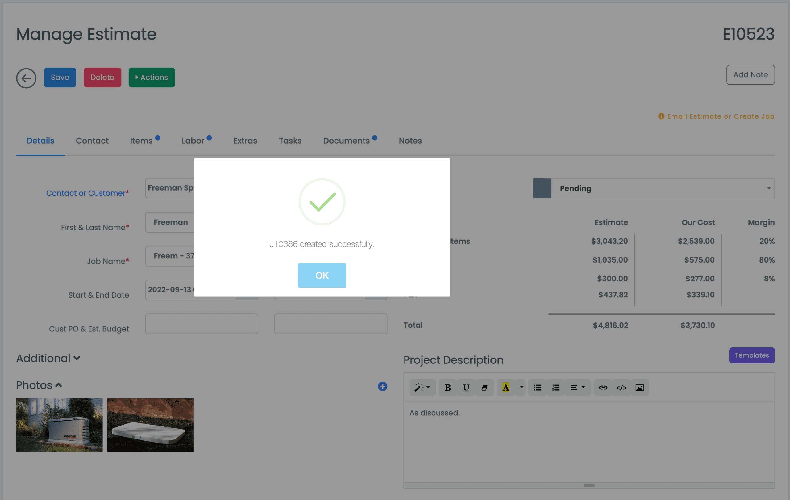 mec_create-job Create Job - MEC Pro construction and field services software, featuring tools for estimating, job management, scheduling, time tracking, and invoicing