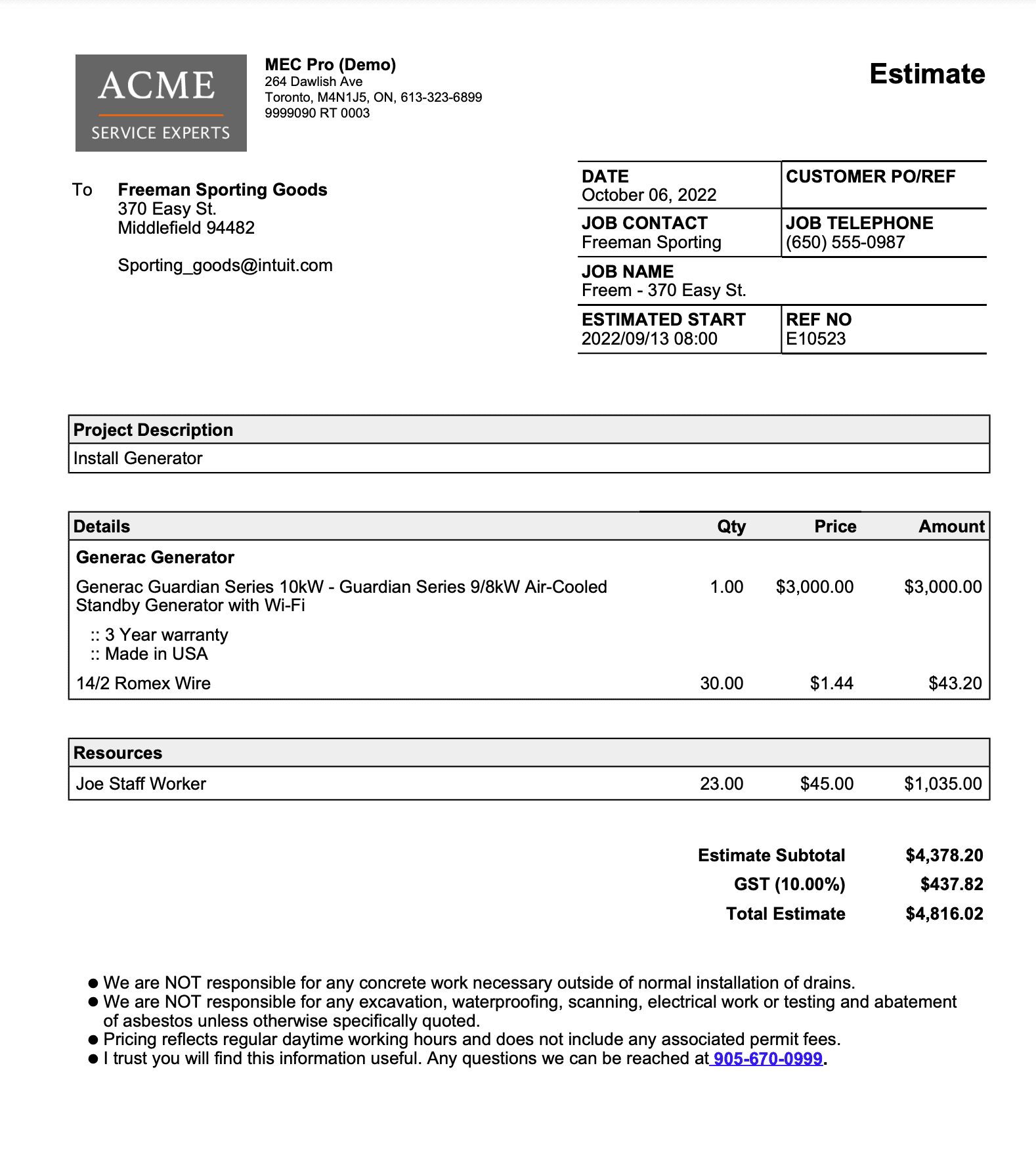 mec_estimate-report Estimate Report - MEC Pro construction and field services software, featuring tools for estimating, job management, scheduling, time tracking, and invoicing