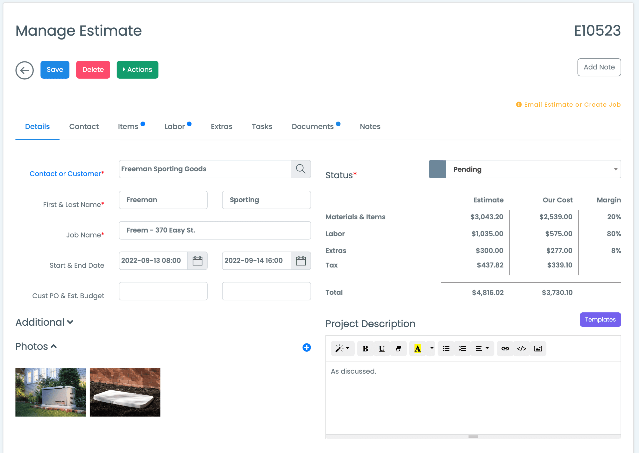 mec_manage-estimate Manage Estimate - MEC Pro quotes and estimating interface showing customizable templates, pricing options, and e-signature features for construction and field services