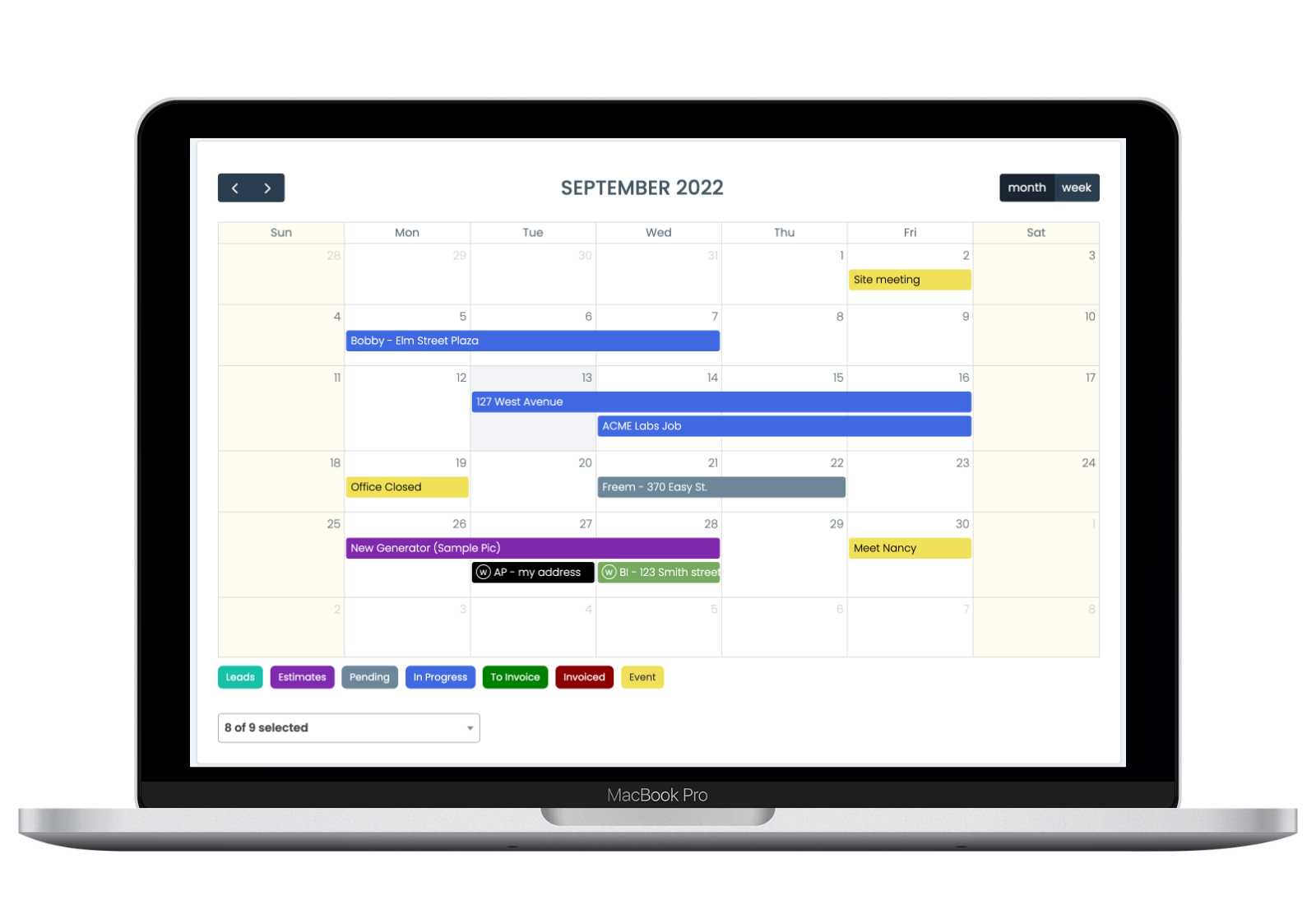 Planner - MEC Pro construction and field services software, featuring tools for estimating, job management, scheduling, time tracking, and invoicing